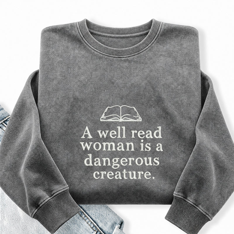 Embroidered A Well Read Woman Washed Crewneck Sweatshirt