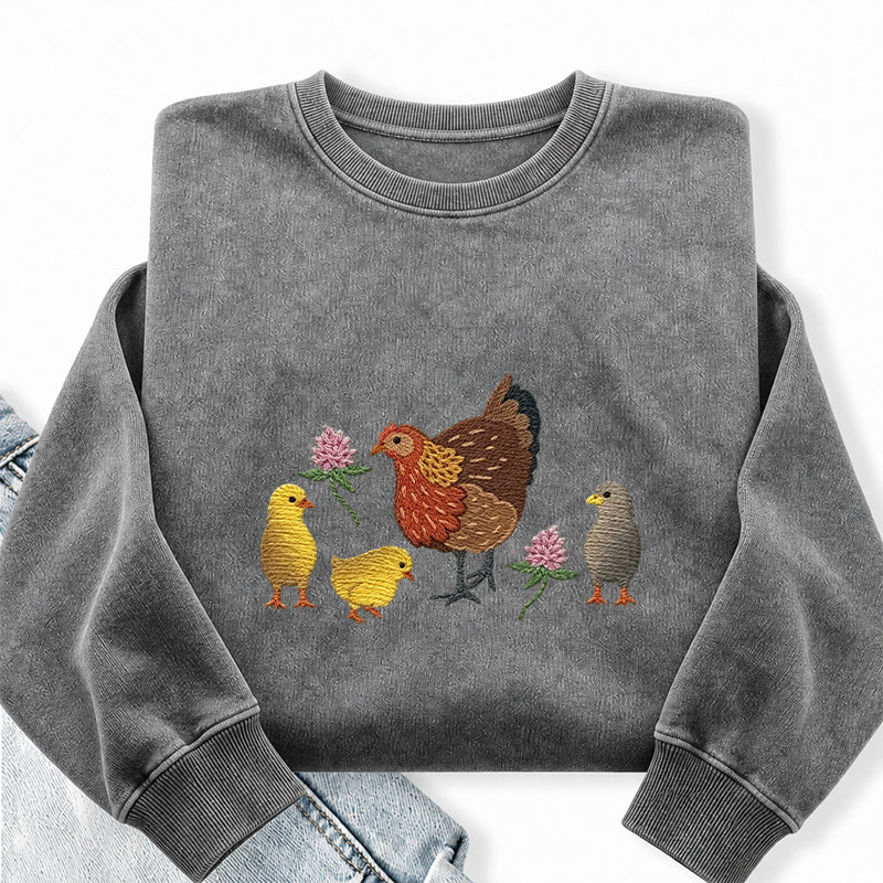 Embroidered Hen & Chicks Washed Crewneck Sweatshirt