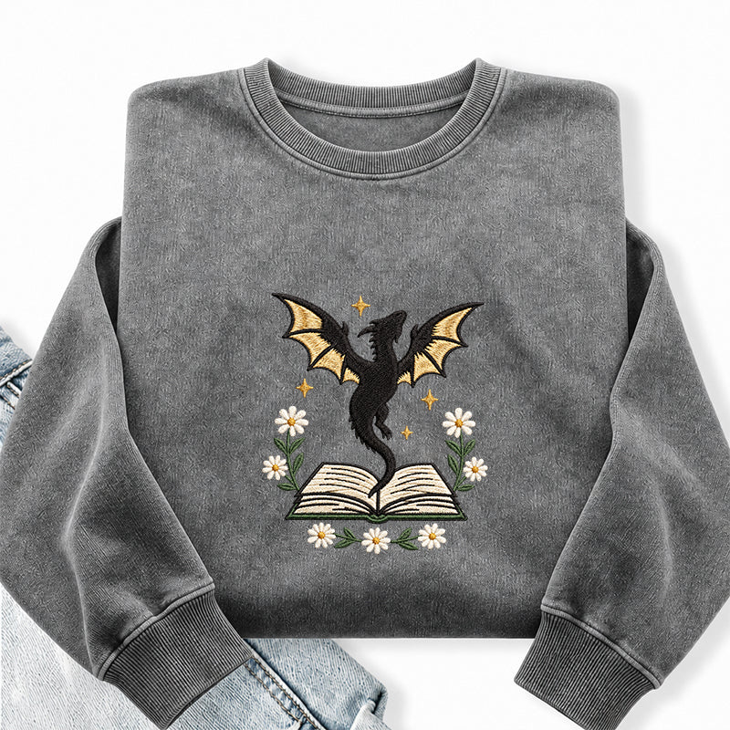 Embroidered Dragon Floral Book Washed Crewneck Sweatshirt