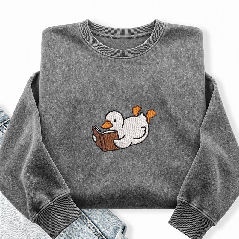 Embroidered Reading Duck Washed Crewneck Sweatshirt