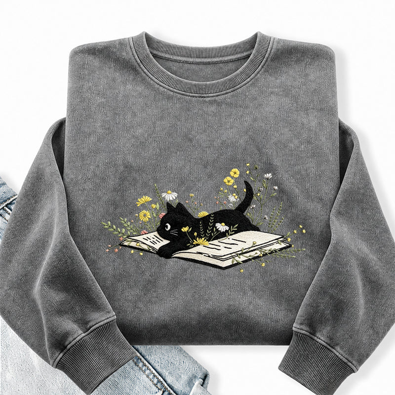 Embroidered Floral Book Cat Washed Crewneck Sweatshirt