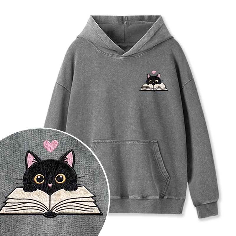 Embroidered Reading Black Cat Washed Hoodie