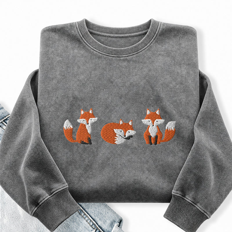 Embroidered Three Fox Washed Crewneck Sweatshirt