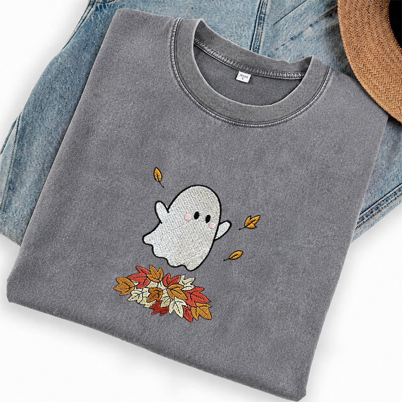 Embroidered Fall Ghost Washed Crew Neck T-Shirt