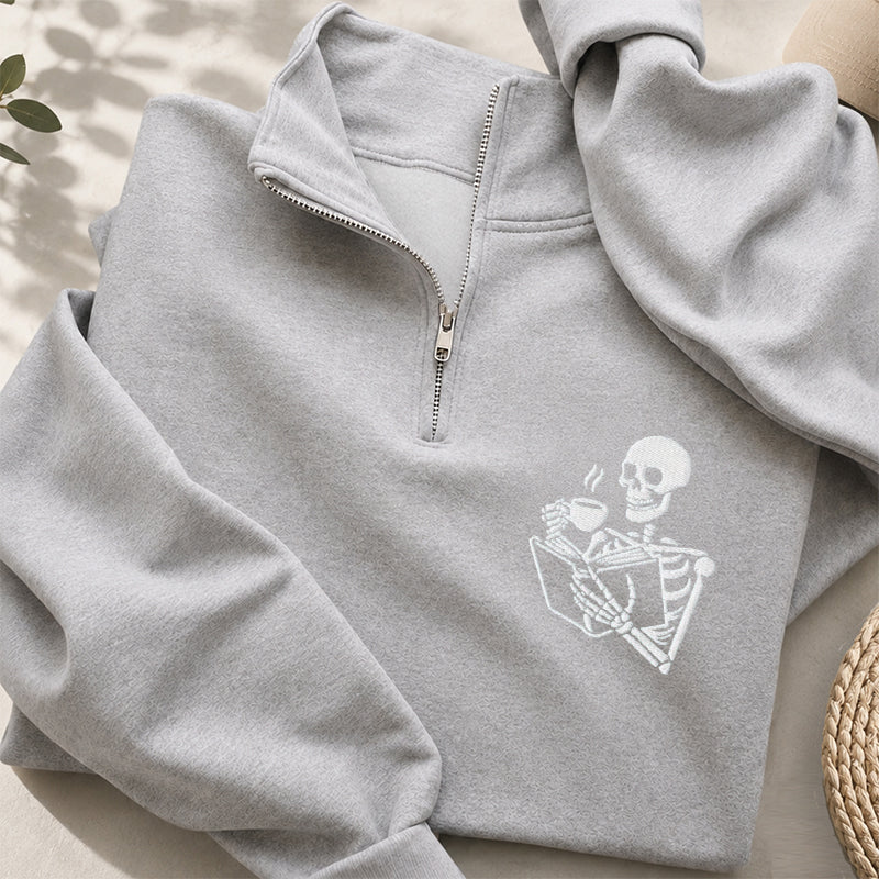 Embroidered Skeleton Coffee And Books Classic Quarter Zip Sweatshirt