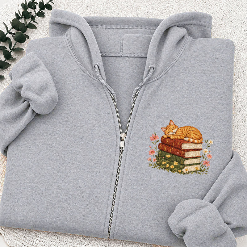Embroidered Cat Sleeping On Books Classic Full Zip Hoodie