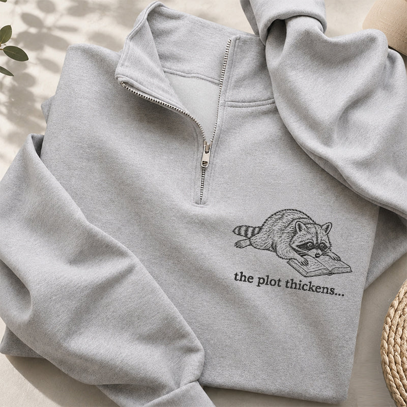 Embroidered The Plot Thickens Reading Raccoon Classic Quarter Zip Sweatshirt