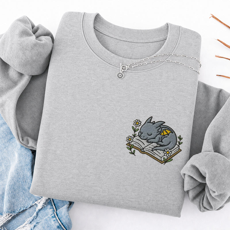 Embroidered Sleeping Dragon Book Classic Crewneck Sweatshirt