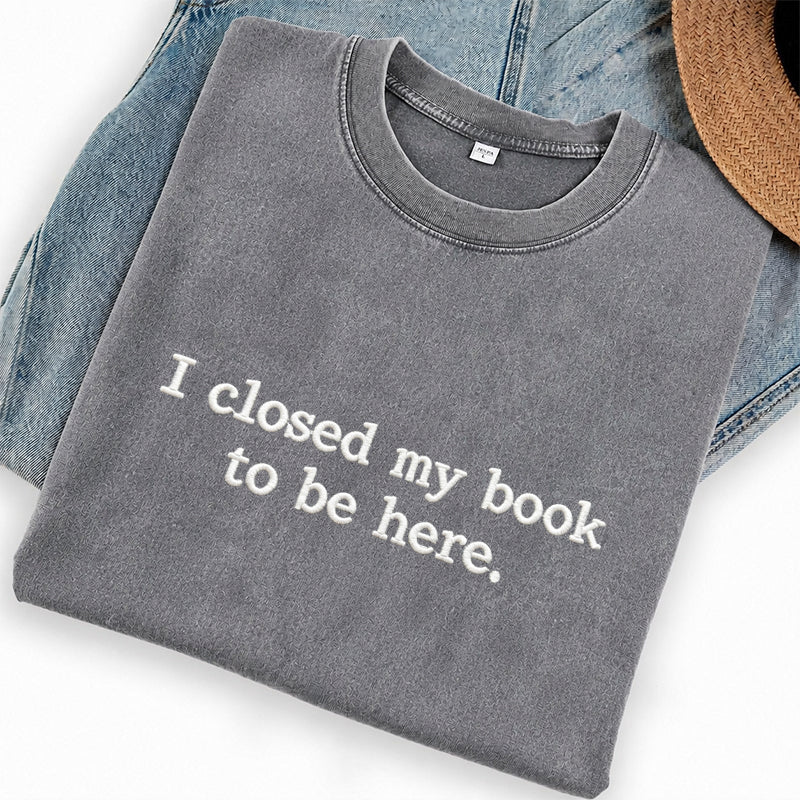 Embroidered Close Book Be Here Washed Crew Neck T-Shirt