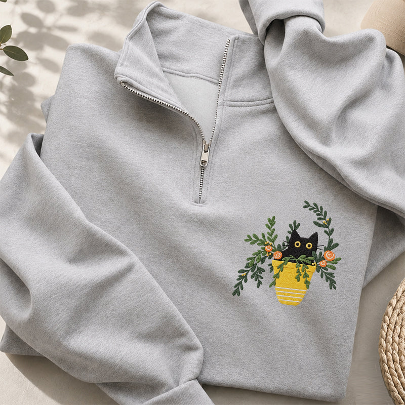 Embroidered Black Cat Flowerpot Classic Quarter Zip Sweatshirt