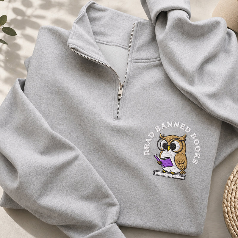 Embroidered Read Banned Books Owl Classic Quarter Zip Sweatshirt