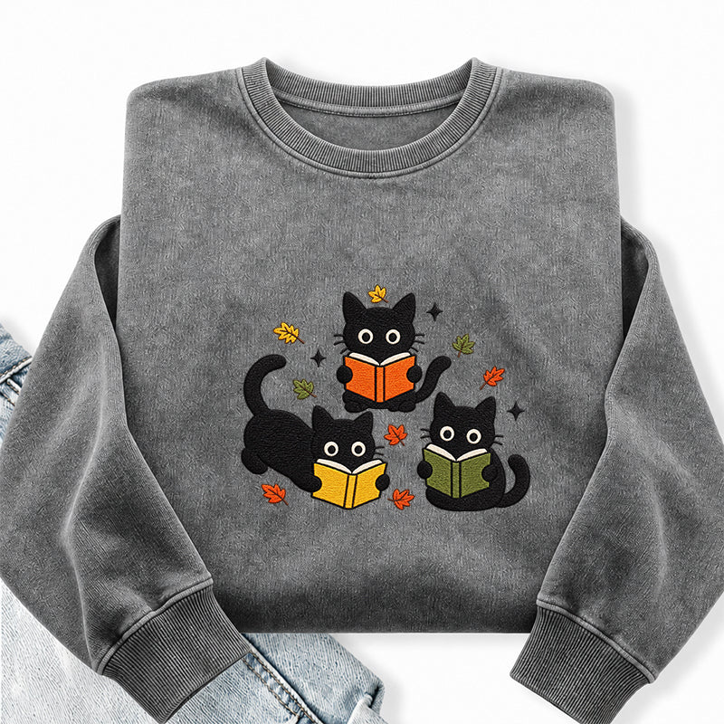 Embroidered Fall Black Cat Reading Books Washed Crewneck Sweatshirt