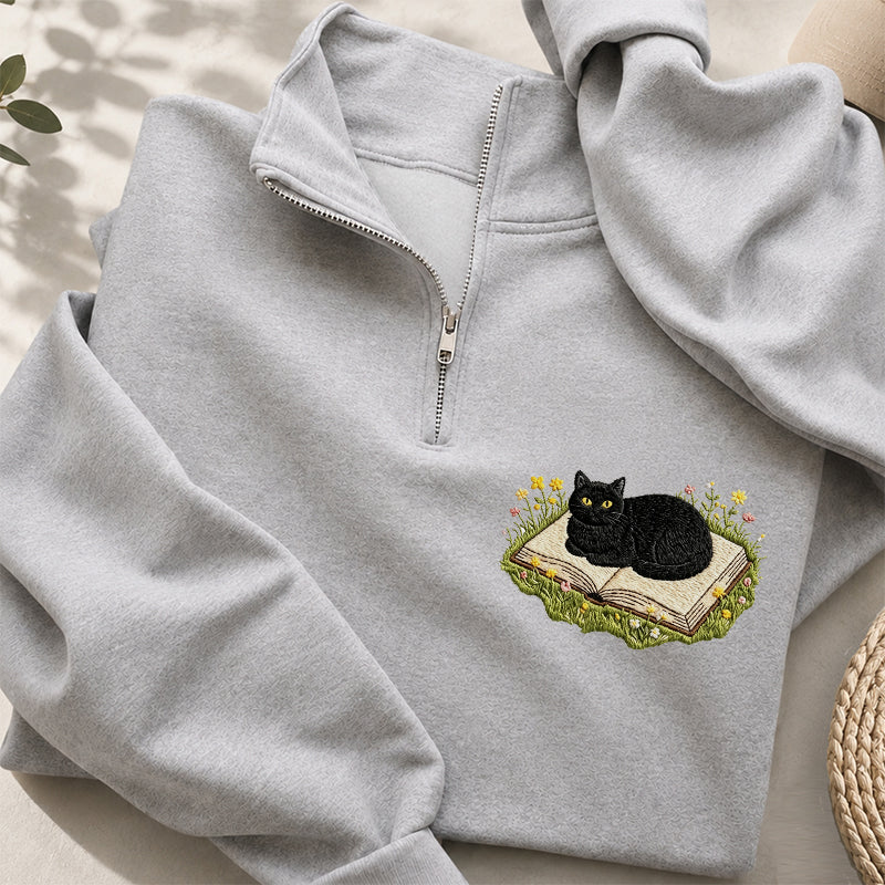 Embroidered Black Cat Book Classic Quarter Zip Sweatshirt