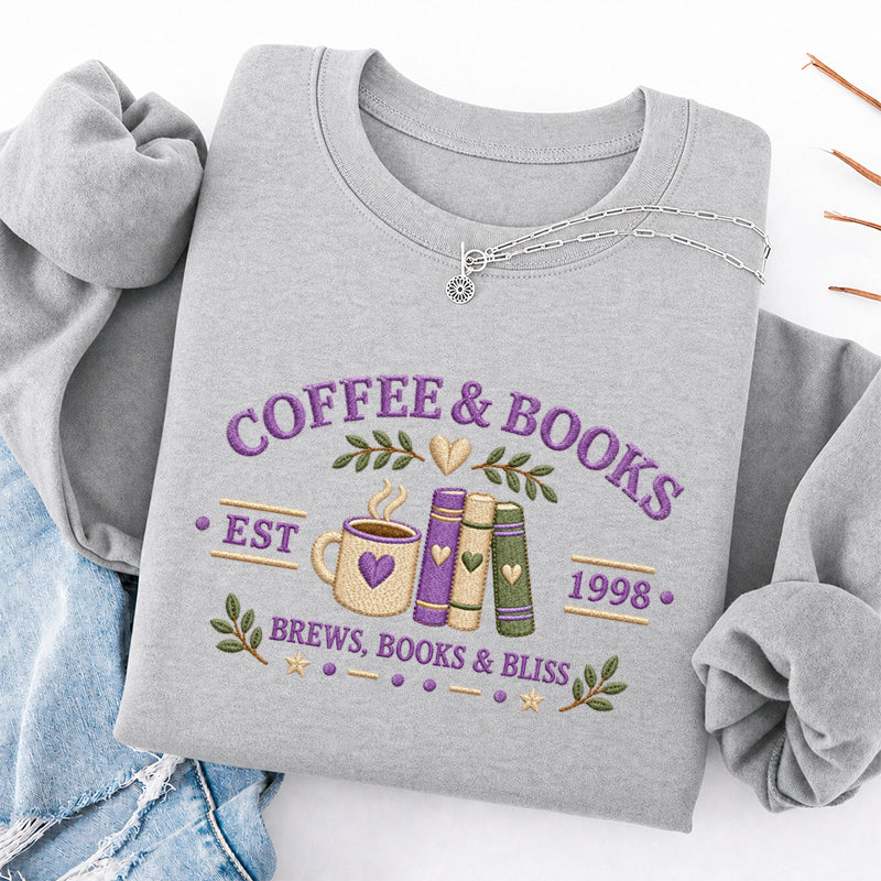 Embroidered Coffee And Books Classic Crewneck Sweatshirt