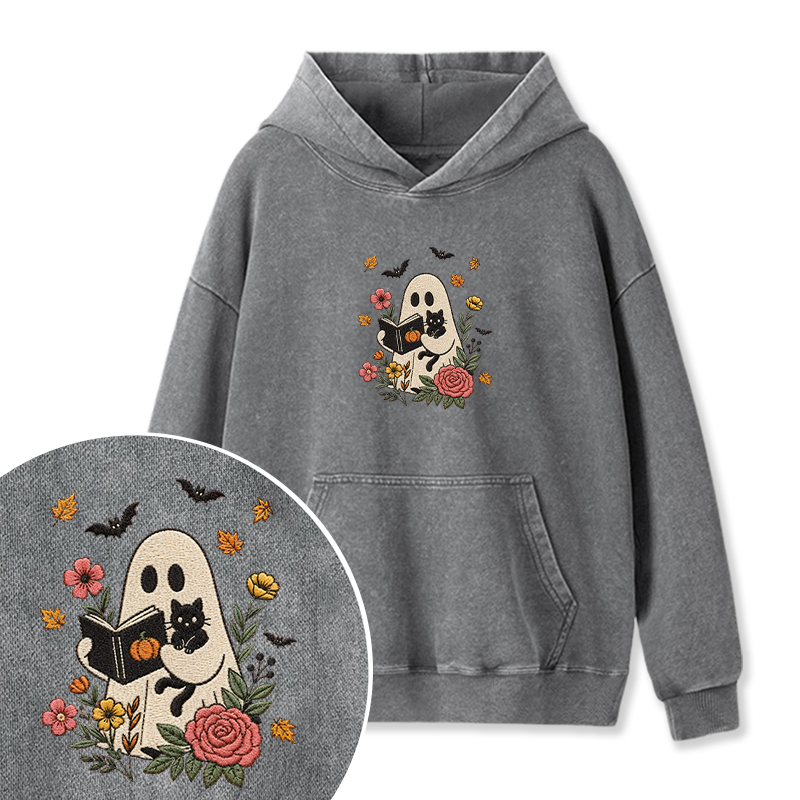 Embroidered Floral Ghost Reading Washed Hoodie