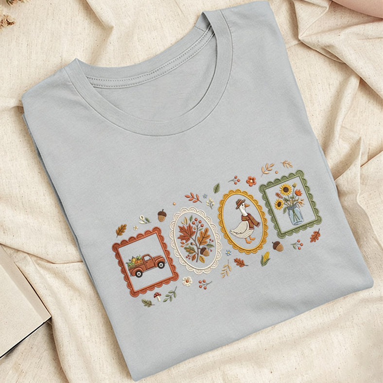 Embroidered Autumn Postcards Classic Adult Unisex Crew Neck T-Shirt