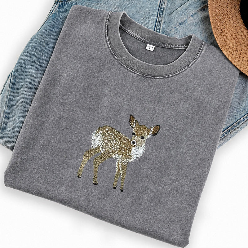 Embroidered Forest Deer Washed Crew Neck T-Shirt