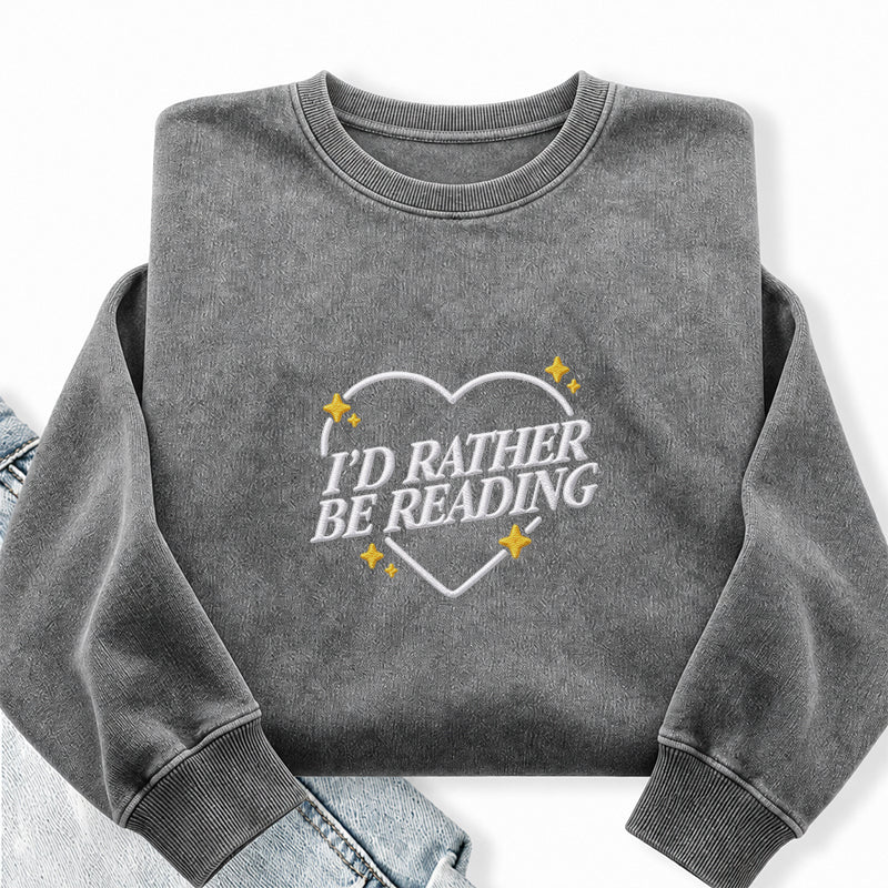 Embroidered I'd Rather Be Reading Heart Washed Crewneck Sweatshirt
