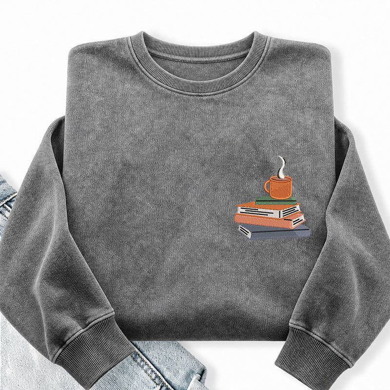 Embroidered Book And Coffee Washed Crewneck Sweatshirt