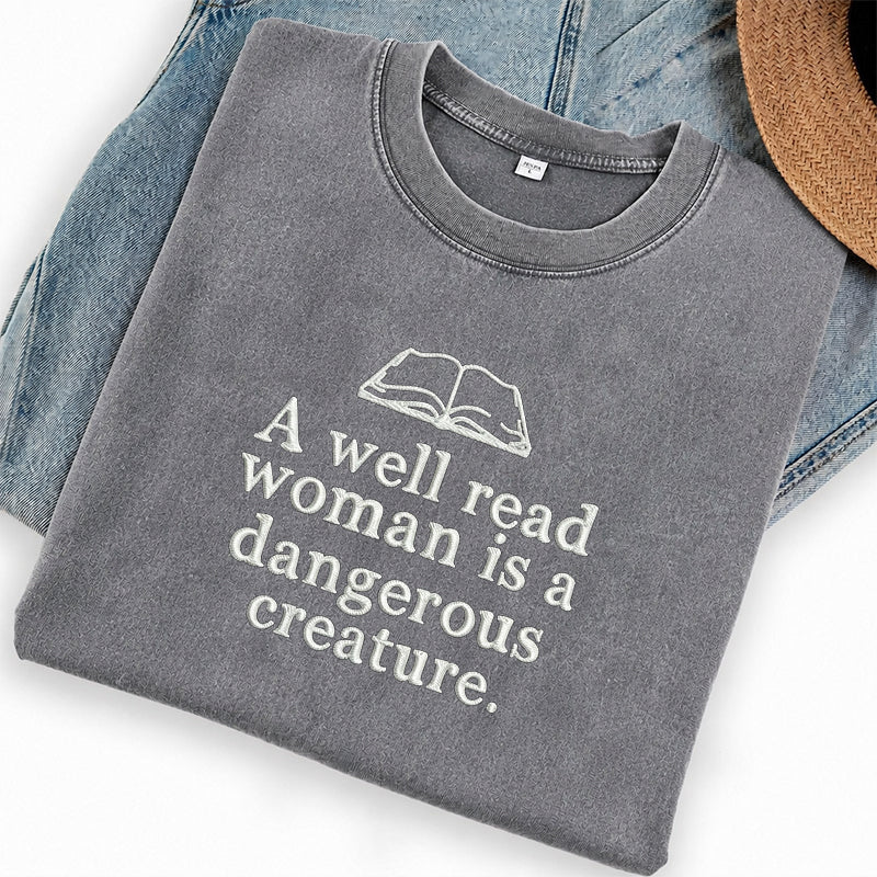 Embroidered A Well Read Woman Washed Crew Neck T-Shirt