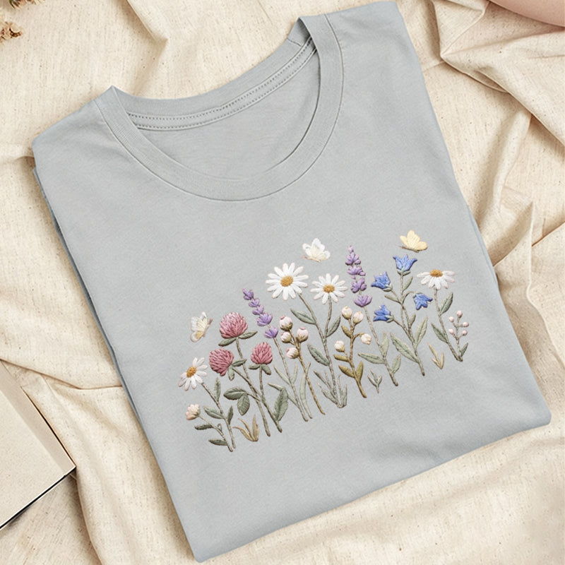 Embroidered Wildflower Classic Adult Unisex Crew Neck T-Shirt