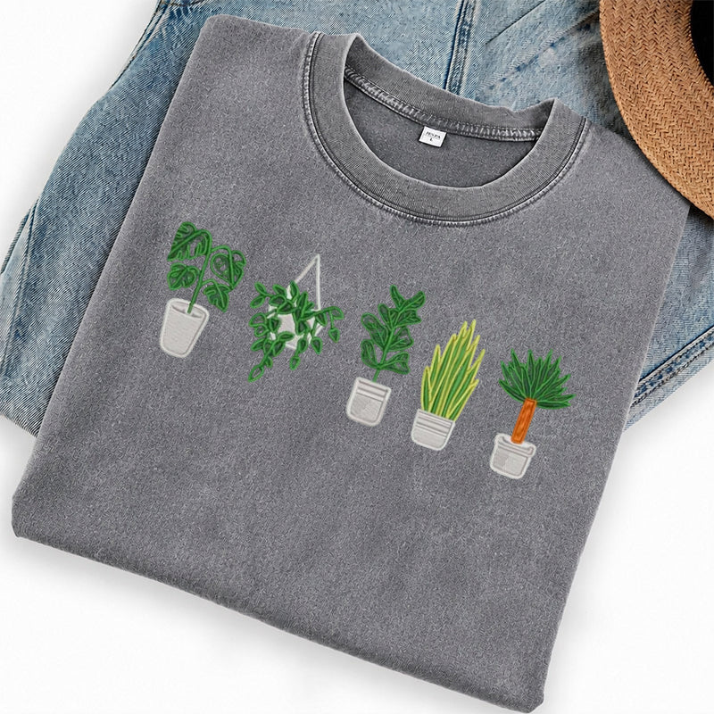 Embroidered Houseplant Washed Crew Neck T-Shirt