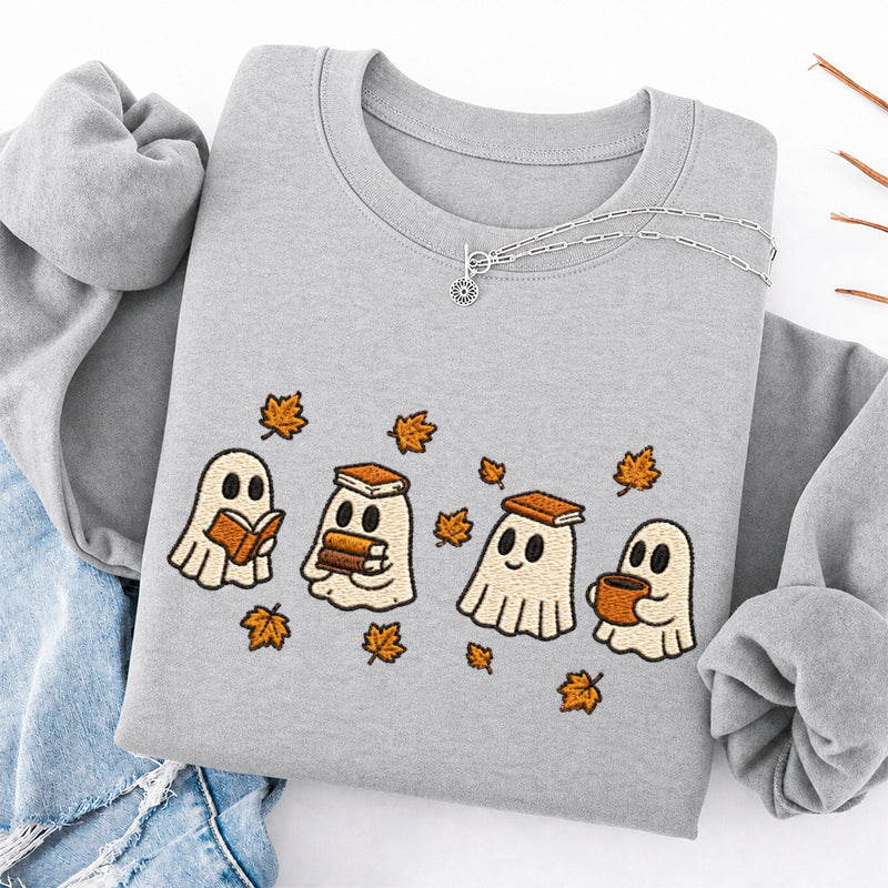 Embroidered Autumn Bookish Ghost Crewneck Sweatshirt