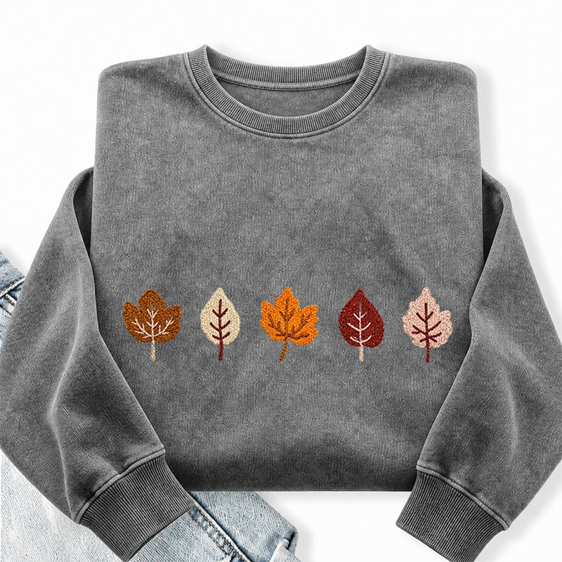 Embroidered Fall Leaves Washed Crewneck Sweatshirt