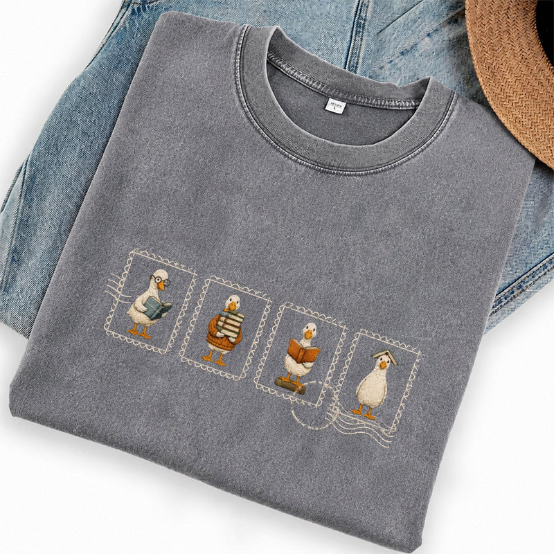 Embroidered Silly Goose Reading Washed Crew Neck T-Shirt