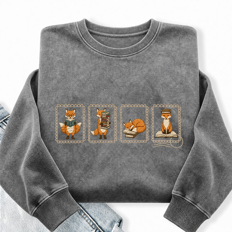 Embroidered Bookish Fox Washed Crewneck Sweatshirt