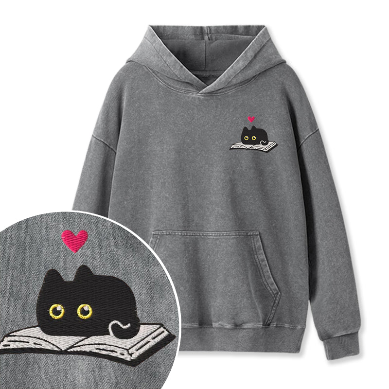 Embroidered Black Cat and Book Washed Hoodie