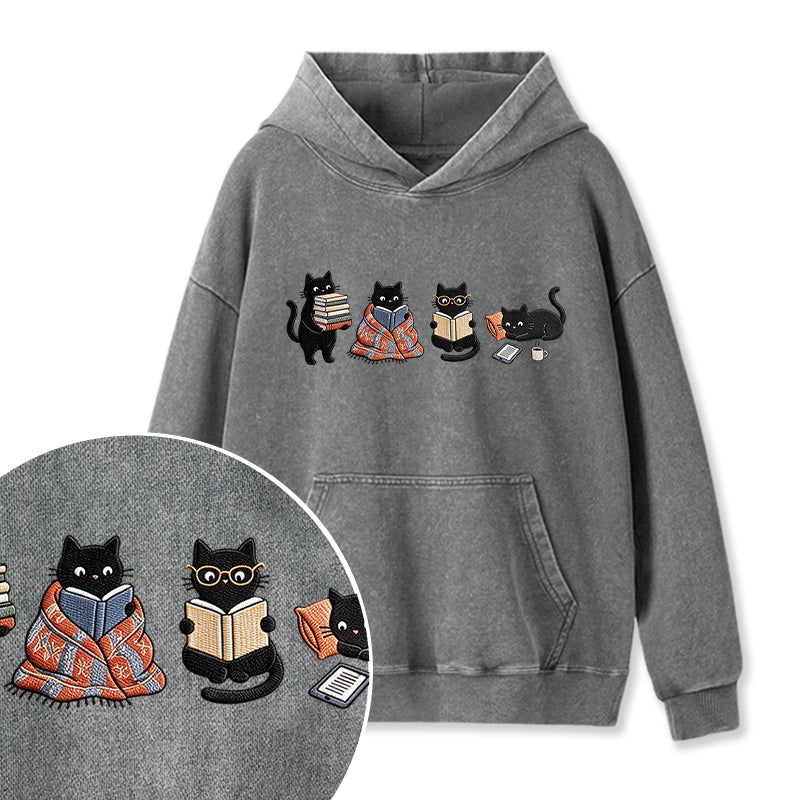 Embroidered Bookish Black Cats Washed Hoodie