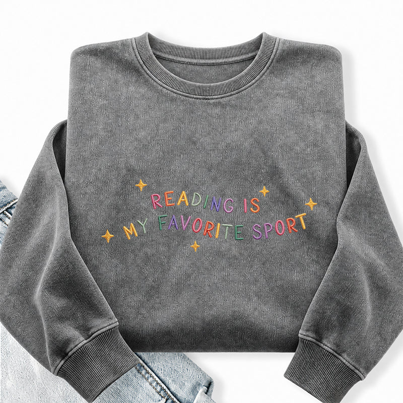 Embroidered Reading Is My Favorite Sport Washed Crewneck Sweatshirt