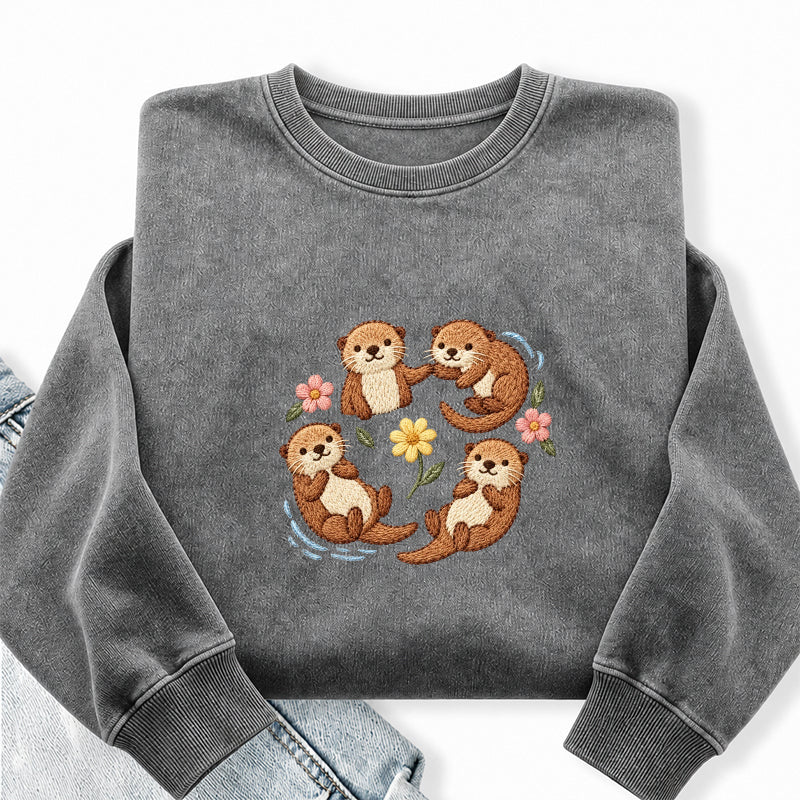 Embroidered Sea Otters And Flowers Washed Crewneck Sweatshirt