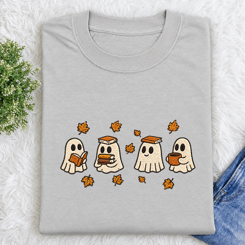 Embroidered Autumn Bookish Ghost Classic Crew Neck T-Shirt