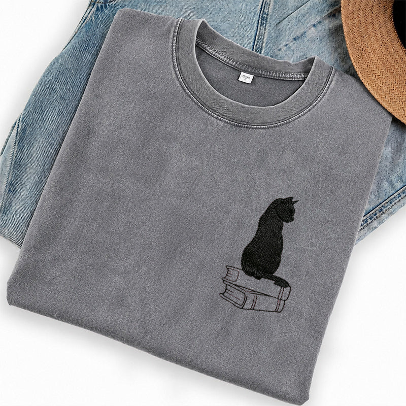 Embroidered Black Cat On Books Washed Crew Neck T-Shirt