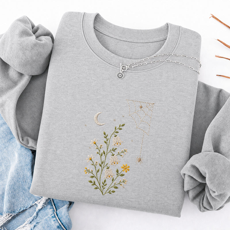 Embroidered Floral Spider Web Classic Crewneck Sweatshirt