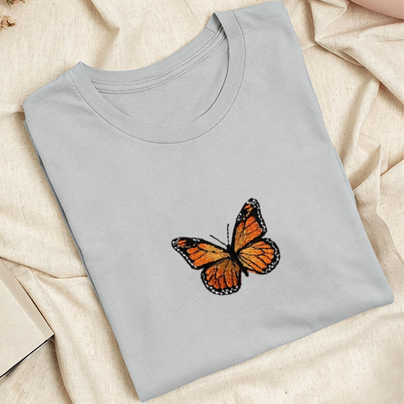 Embroidered Monarch Butterfly Classic Adult Unisex Crew Neck T-Shirt