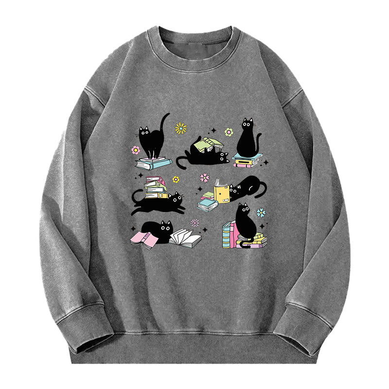 Book And Black Cats Washed Crewneck Sweatshirt