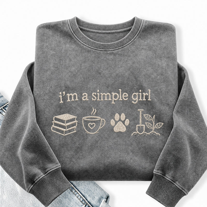 Embroidered Simple Girl Book Coffee Plant Washed Crewneck Sweatshirt