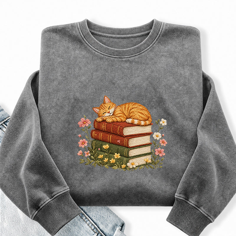 Embroidered Cat Sleeping On Books Washed Crewneck Sweatshirt
