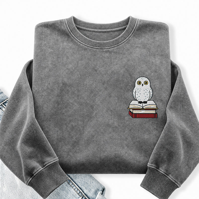 Embroidered Snow Owl On Bookstack Washed Crewneck Sweatshirt