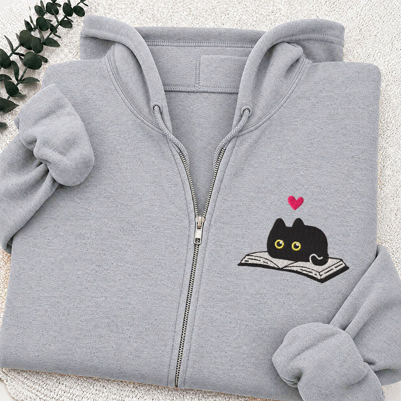Embroidered Black Cat and Book Classic Adult Unisex Full Zip Hoodie