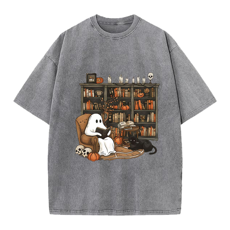 Retro Ghost Reading Washed Crew Neck T-Shirt