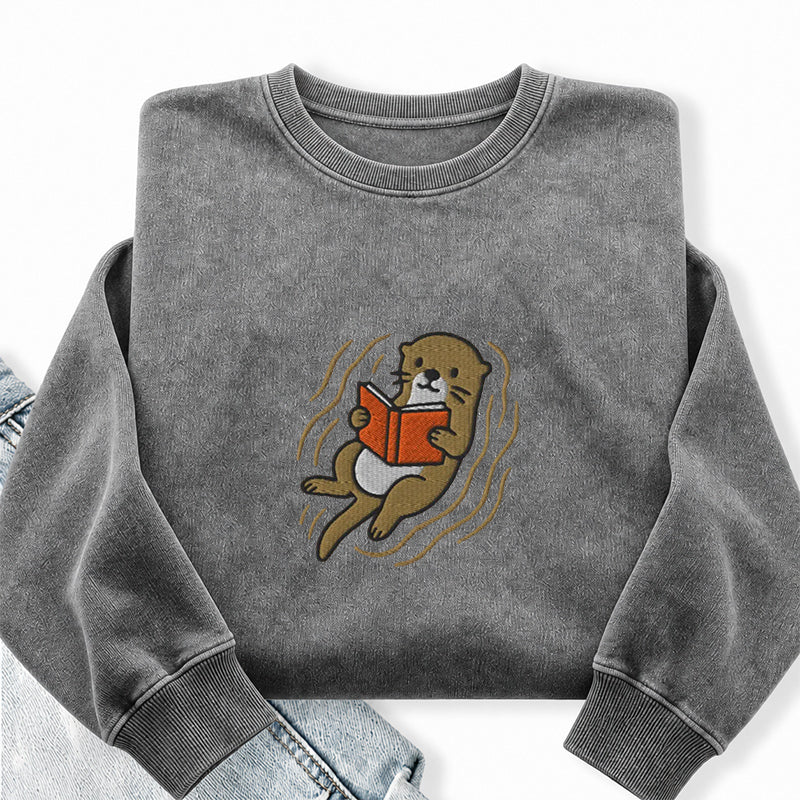 Embroidered Otter Read Book Washed Crewneck Sweatshirt