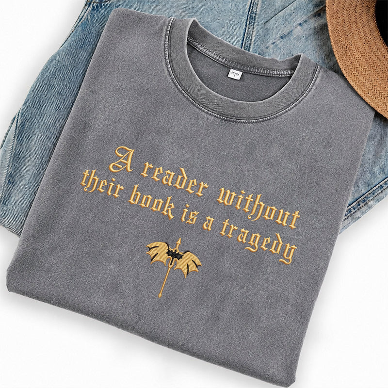 Embroidered Dragon Rider Book Lover Washed Crew Neck T-Shirt