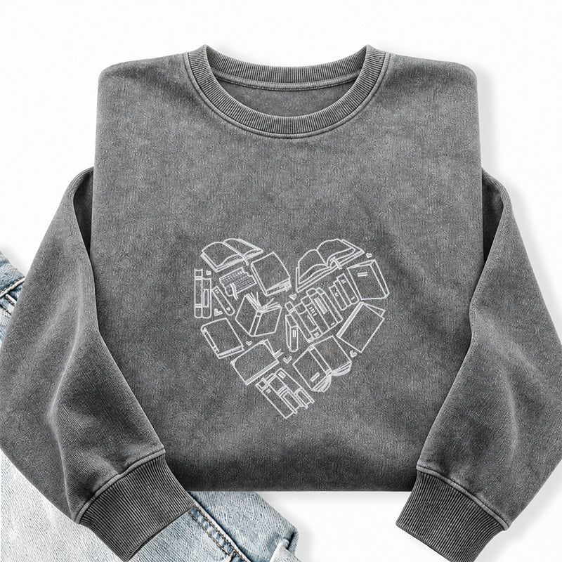 Embroidered Book Heart Washed Crewneck Sweatshirt