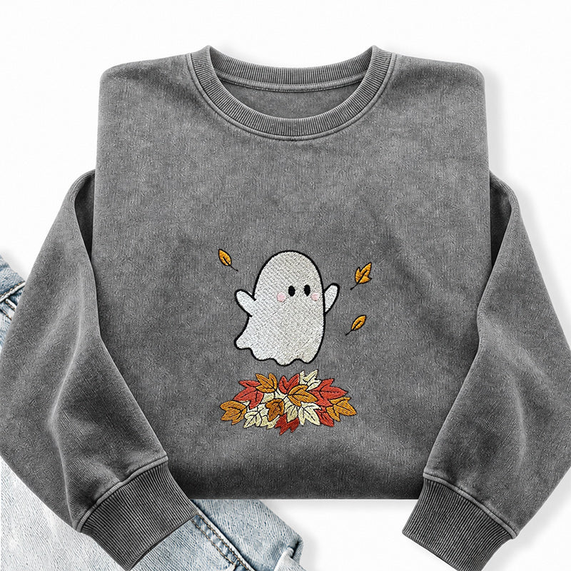 Embroidered Fall Ghost Washed Crewneck Sweatshirt
