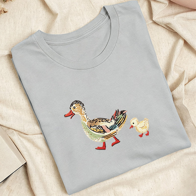 Embroidered Art Mama Duck & Ducklings Classic Adult Unisex Crew Neck T-Shirt