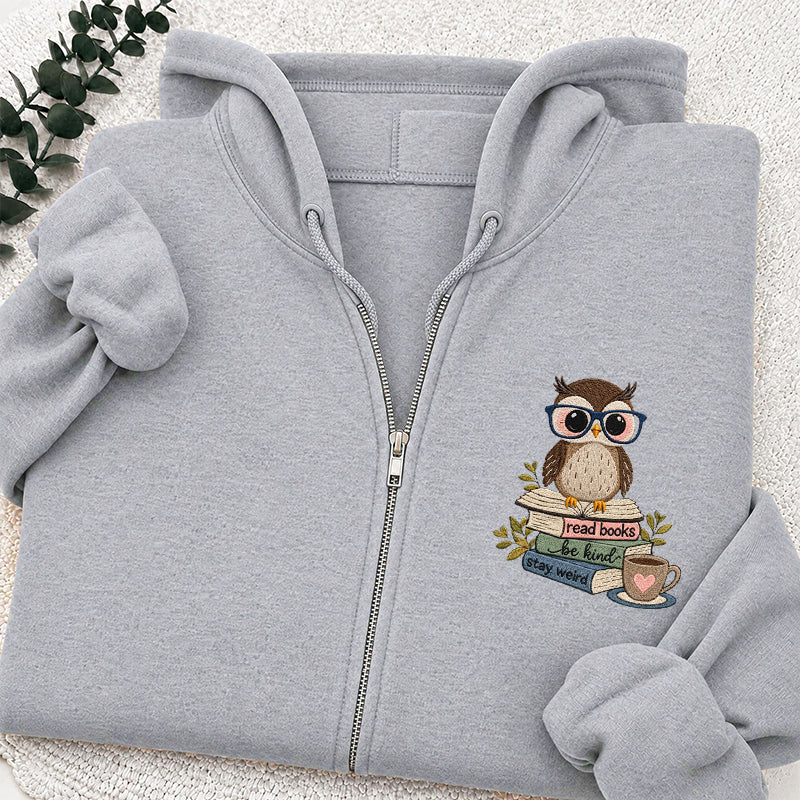 Embroidered Read Books Be Kind Owl Classic Full Zip Hoodie